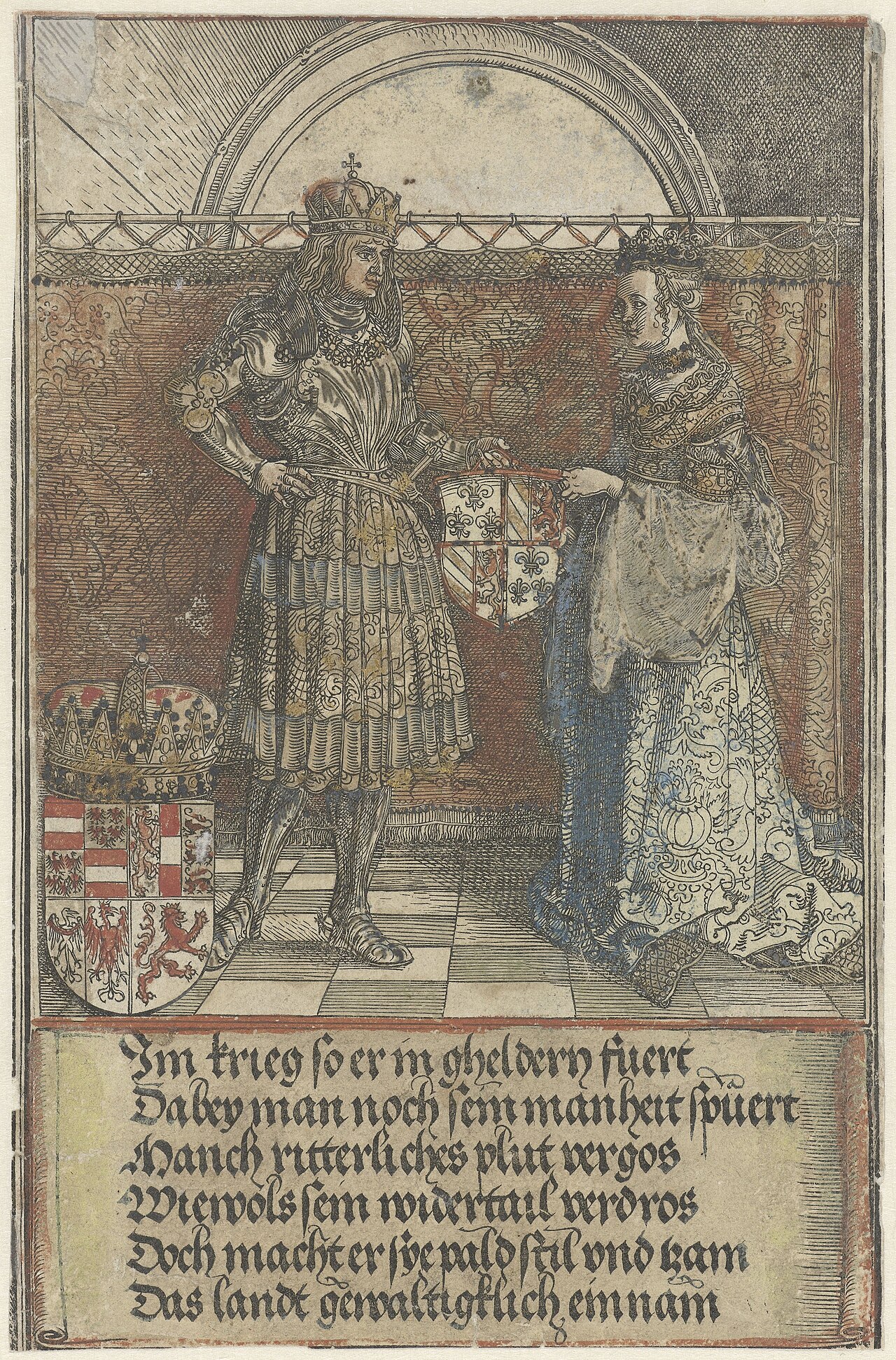 A woodcut of the marriage of Maximilian and Mary of Burgundy